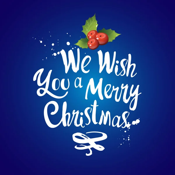 Vector vakantie illustratie Merry Christmas op blauwe achtergrond met Holly. Handgeschreven inscriptie. Belettering ontwerp. — Stockvector