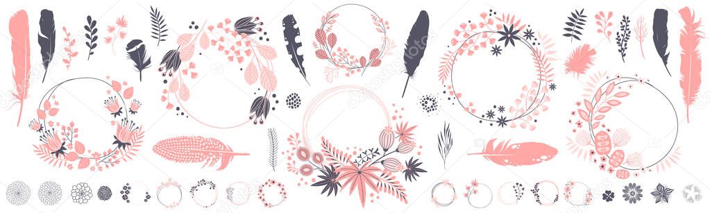 Wreath set. Vector floral illustration with branches, berries, feathers and leaves. Nature frame on white background.