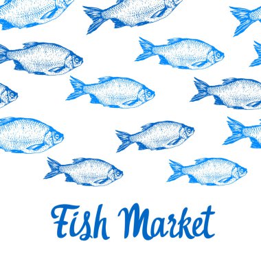 Balık krokisi ile vektör arka plan. Beyaz arka plan üzerinde elle çizilmiş illüstrasyon. Deniz ürünleri.