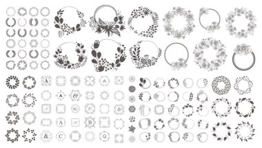 Çelenk, tasarım öğeleri, çerçeveler, kaligrafik ile büyük set. Dalları, çilek ve yaprakları ile Vektör çiçek illüstrasyon. Beyaz arka planda doğa çerçevesi.