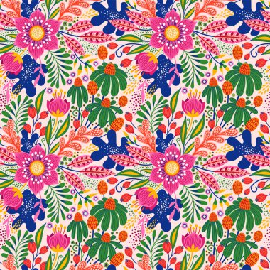 Beyazın üzerinde çiçek deseni var. Vektör İllüstrasyonu. Çiçekler ve yapraklarla soyut bir arkaplan. Doğal parlak tasarım.