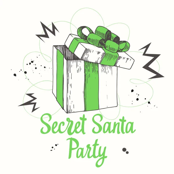 Ilustración de vacaciones vectoriales. Regalo de Navidad sobre fondo blanco. Inscripción manuscrita. Diseño de letras. Hermosa caja de regalo con cinta. Estilo de boceto. Fiesta secreta de Santa . — Vector de stock