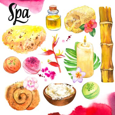 Çiçek, yağ, orkide, plumeria, tuz, bambu dalı, sünger, krem, bambu, losyon ile kase: Vücut ve yüz için çeşitli araçlar ile Spa çizimler. Kadın için kozmetik. Salonda dinlenme