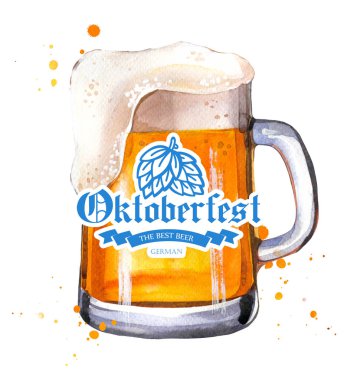 Oktoberfest. Bar için pitoresk tarzda bira cam ile Suluboya illüstrasyon. Kutlama için içki menüsü. Bira parti afişi.