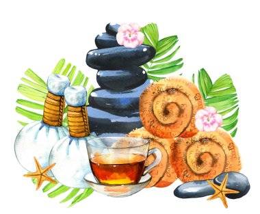 Havlu, çay, çiçek, masaj torbaları, taşlar, yağ, palmiye yaprakları, losyon: Vücut ve yüz için çeşitli araçlar ile Spa suluboya çizimler. Kadın için kozmetik. Salonda dinlenme