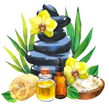 Taşlar, yağ, sarı orkide, yaprakları, losyon ile bambu dalı: Vücut ve yüz için çeşitli araçlar ile Spa suluboya çizimler. Kadın için kozmetik. Salonda dinlenme
