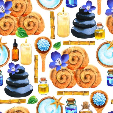 Spa suluboya dikişsiz desen. Vücut ve yüz için çeşitli araçlar ile Çizimler: havlu, yağ, taş, yaprak, masaj kremi, tuz, bambu ile kaşık. Kadın için kozmetik. Salonda dinlenme
