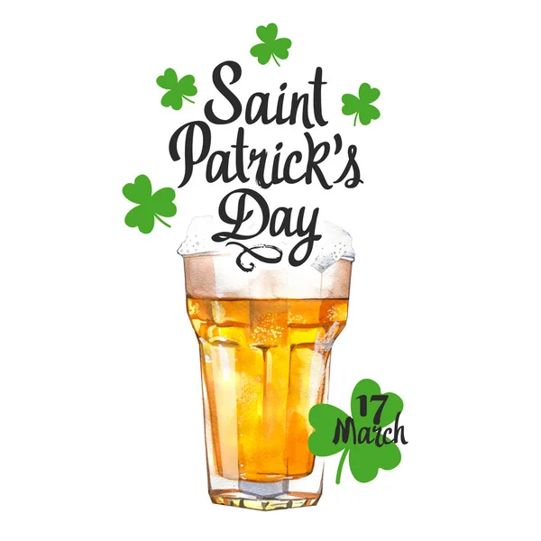 St. Patrick's Day. Glas bier in aquarel stijl. Illustratie met glas en gefeliciteerd. Drink menu voor viering — Stockfoto