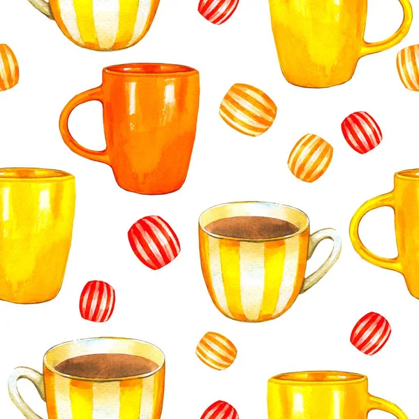 Naadloze achtergrond. Tea Party patroon op wit. Aquarel illustratie van grappige gele cups. Decoratieve elementen met traditionele warme dranken voor uw verpakkingsontwerp. Multicolor decor. — Stockfoto