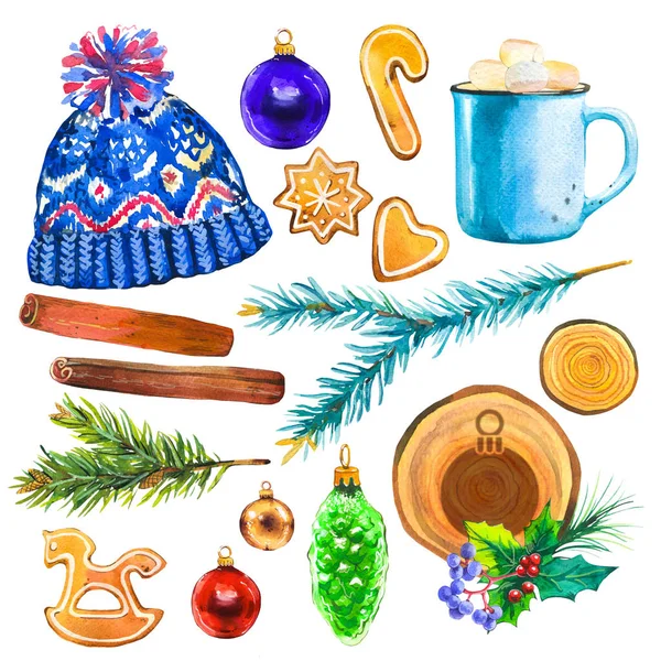 Ilustração aquarela de Natal em estilo pitoresco. Conjunto de férias com sino, laranja, azevinho, xícara, chapéu, contas, biscoitos, bola, ramo, abeto, visco. Decoração de ano novo . — Fotografia de Stock