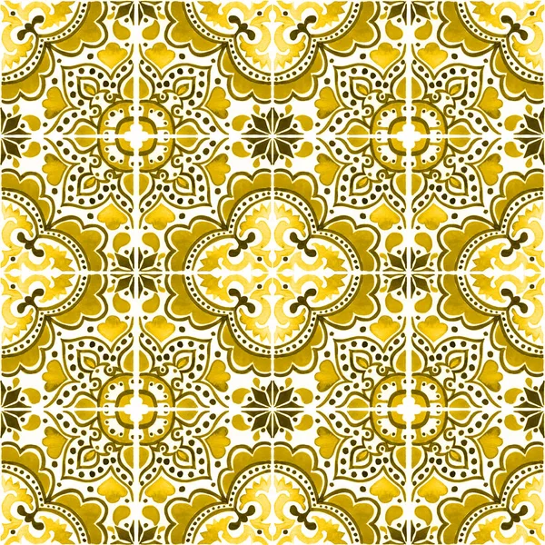 Portekizce fayans ile dikişsiz desen. Beyaz arka plan üzerinde Azulejo suluboya illüstrasyon. Sarı renk.