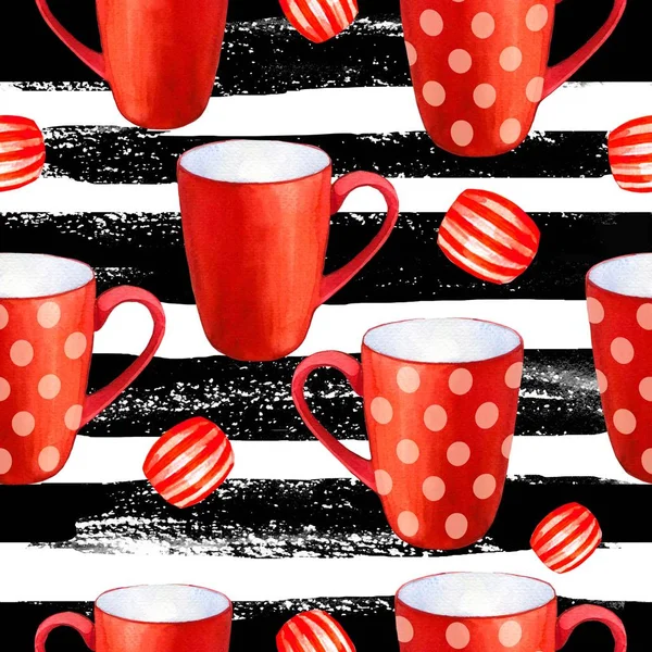 Seamless background. Tea party pattern on strips. Watercolor illustration of funny red cups. Decorative elements with traditional hot drinks for your packing design. Multicolor decor.