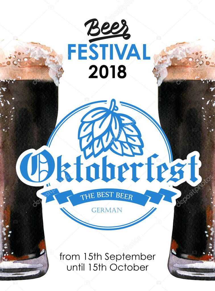 Oktoberfest. Watercolor illustration with glass of stout in picturesque style for bar. Drink menu for celebration. Beer party poster.