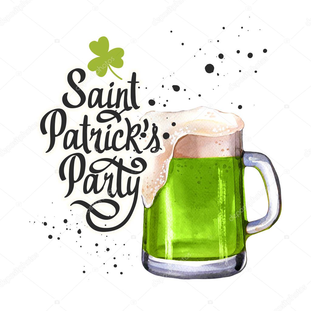 St. Patrick's Day. Glass of beer in watercolor style. Illustration with glass and congratulations. Drink menu for celebration