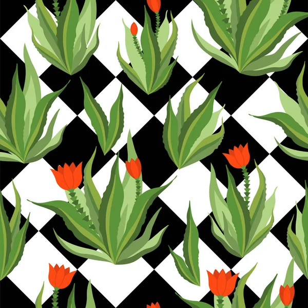 Botanisk illustration med peruansk kaktus. Vektor sömlöst mönster på svart och vit geometrisk bakgrund. Sommarväxter. — Stock vektor