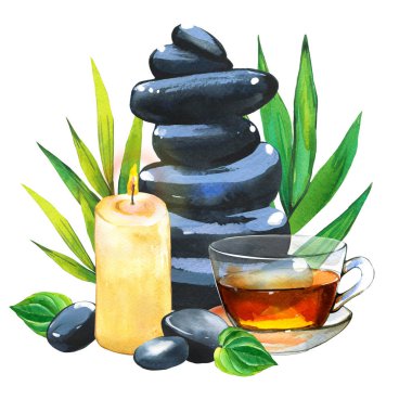 Vücut ve yüz için çeşitli araçlar ile Spa suluboya çizimler: mum, çay fincan, taşlar, yaprakları ile bambu dalı. Kadın için kozmetik. Salonda dinlenme