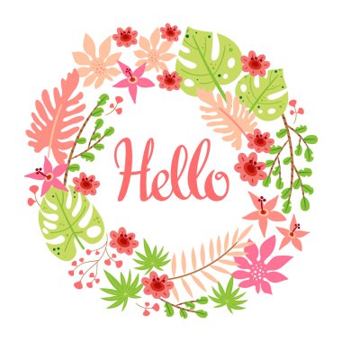 Yaprak, çiçek ve harf çerçeveli vektör çizimi. Merhaba. Beyaz arka planda çiçek çemberi sınırı. Tropikal tarzda tebrik kartı.