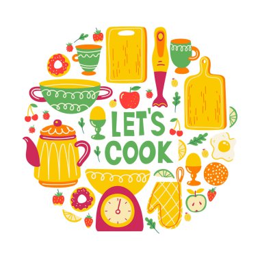 Mutfak gereçleri ve aletlerle dolu. Mutfak elementlerinin düz bir şekilde İskandinav çizimi. Çizgi film yuvarlak kompozisyonu. Yemek hazırlama ve mutfak malzemeleri. Vektör karalama klipsi. Hadi pişirelim..