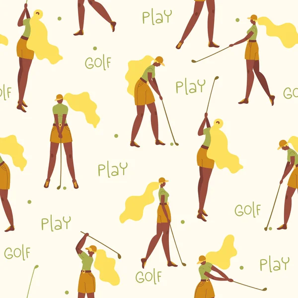 Naadloos patroon met Afrikaans Amerikaans jong meisje slaan bal met golfclub. Vector vlakke hand getekend illustratie. Vrouwelijke golfer speelt golf achtergrond, achtergrond. Vrouw in de sport. Tekenfilmfiguren. — Stockvector