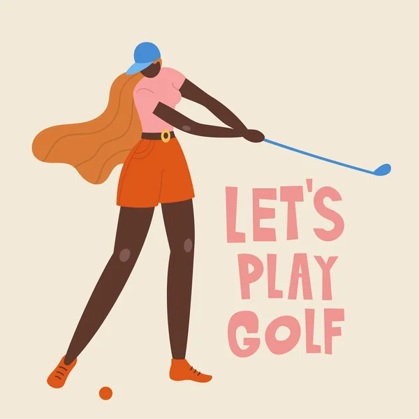 African american young girl hitting ball with golf club. Vector flat hand drawn illustration. Female golfer plays golf. Woman in sport. T-shirt print design. Lets play. — Stock Vector