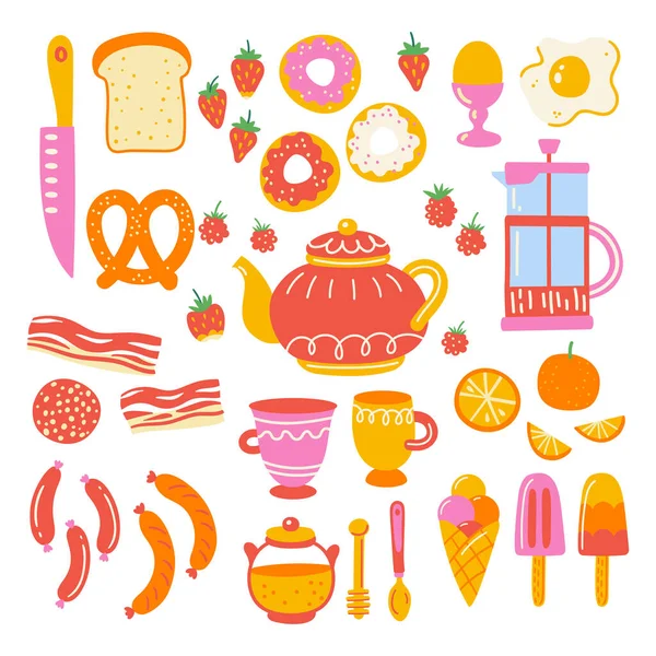 Snídaně s kuchyňským nádobím a spotřebičem. Skandinávská ilustrace kuchyňských prvků v plochém stylu. Vtipná kreslená textura s ručně kresleným jídlem a nádobím. Vektorový klipart. — Stockový vektor