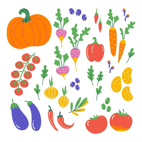 Düz elle çizilmiş sağlıklı yiyecekler. Sebze tasviri. Eskiz tarzında organik ürünler. İzole edilmiş İskandinav ürünleri. Çiftlik pazarı, restoran menüsü tasarımı, afiş, yemek kitabı sayfası. — Stok Vektör