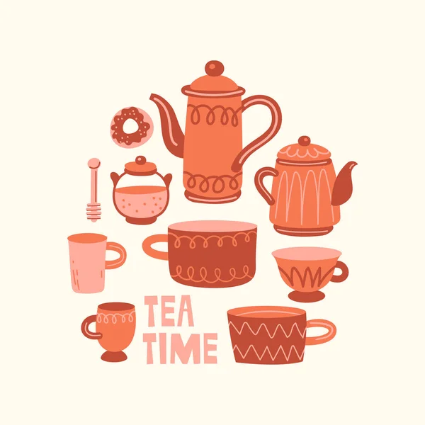 Set avec différentes tasses et bouilloires. Illustration scandinave d'éléments de cuisine en style plat. Texture drôle de dessin animé. Temps de thé dessiné à la main clipart vectoriel doodle. — Image vectorielle