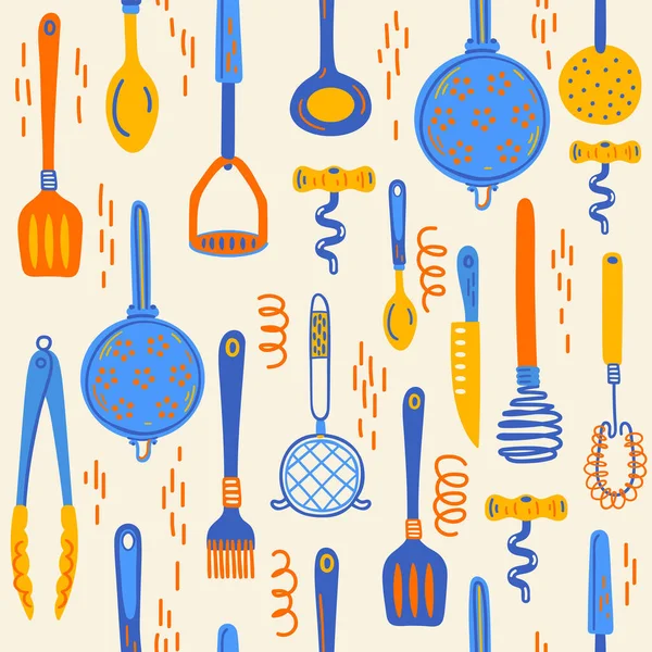 Patrón sin costura con utensilio de cocina y electrodomésticos. Ilustración escandinava de elementos de cocina de estilo plano. Divertido clipart de dibujos animados con utensilios de cocina dibujados a mano. Vector doodle clipart . — Archivo Imágenes Vectoriales