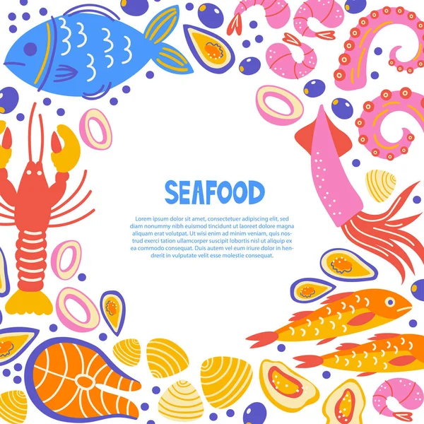 Gesundes Essen flach. Skandinavische Illustration von Meeresfrüchten. Poster für Kochkurse mit Textfläche. Copyspace-Konzept für Bauernmarkt, Restaurant-Menügestaltung, Banner, Kochbuchseite. — Stockvektor