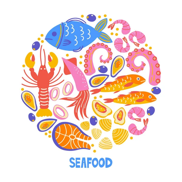 Set avec ustensile de cuisine et appareil. Illustration scandinave d'éléments de cuisine en style plat. Drôle de composition ronde de dessin animé. Préparation des aliments et ustensiles de cuisine. Clipart vectoriel doodle. Fruits de mer — Image vectorielle