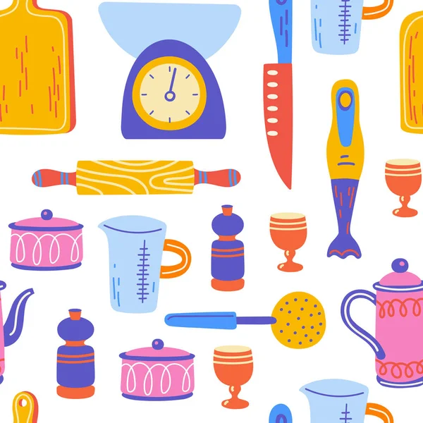 Modèle sans couture avec ustensile de cuisine et appareil. Illustration scandinave d'éléments de cuisine en style plat. Texture dessin animé avec préparation de plats dessinés à la main, ustensiles de cuisine. Clipart vectoriel doodle. — Image vectorielle