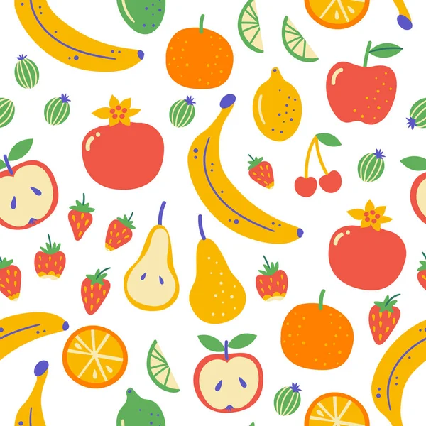 Modello senza cuciture con Illustrazione di frutti. Sfondo piatto disegnato a mano con cibo sano. Prodotti agricoli biologici in stile schizzo. Articoli scandinavi isolati. — Vettoriale Stock