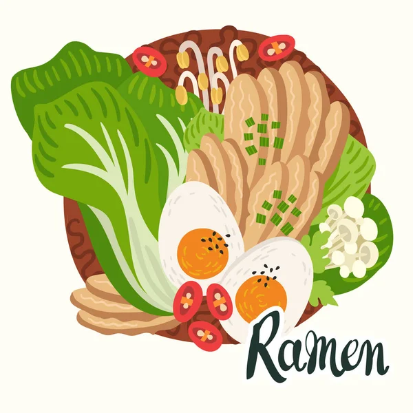 Ramen in kom op tafel. Bovenaanzicht. Illustratie met Japanse soep in platte stijl. Aziatisch eten: miso, ei gekookt, nori, prei, noedels, kip, soja spruitjes, Enoki, Bok choy. Samenstelling vectorronde. — Stockvector