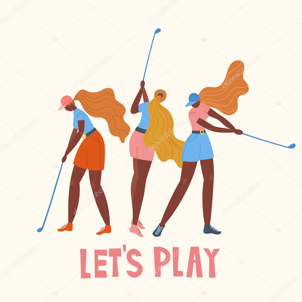 Set with african american young girl hitting ball with golf club. Vector flat hand drawn illustration. Female golfer plays golf. Woman in sport. T-shirt print design. Lets play. Cartoon characters.