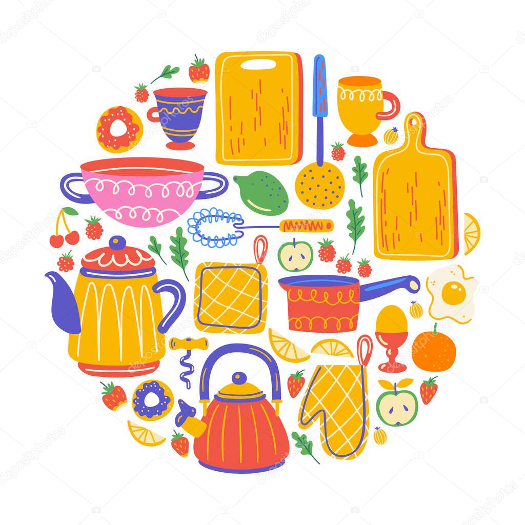 Set with kitchen utensil and appliance. Scandinavian illustration of kitchen elements in flat style. Cartoon round composition. Food preparation and kitchenware. Menu design, banner, cookbook page.