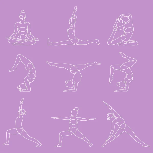 Verschillende yoga vormt continue één lijn vectorillustratie. — Stockvector