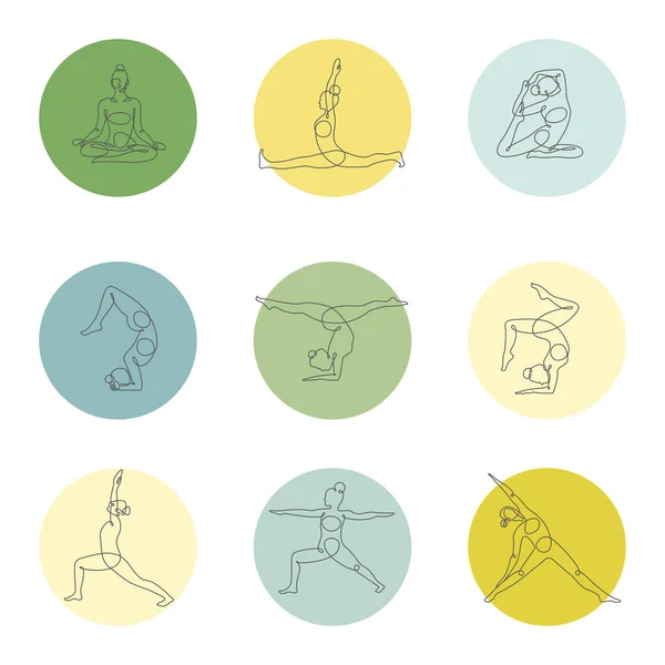 Diferentes posturas de yoga continua ilustración de vector de una línea — Vector de stock