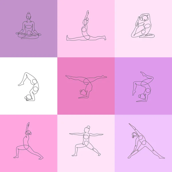 Verschillende yoga vormt continue één lijn vectorillustratie. — Stockvector
