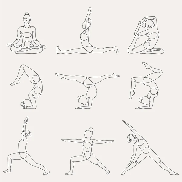 Différentes poses de yoga continu une illustration vectorielle de ligne. — Image vectorielle