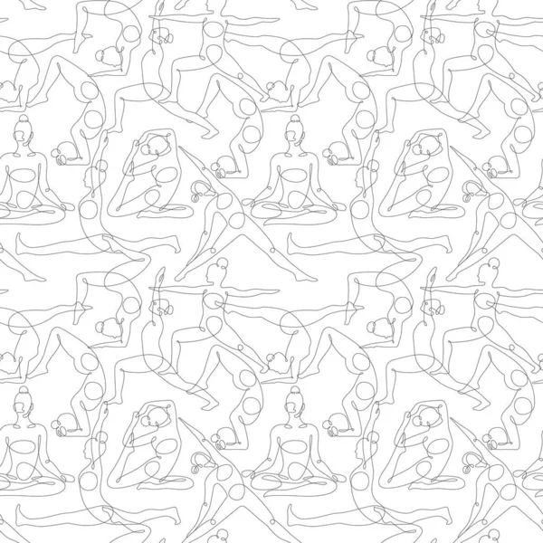 Patrón sin costura con diferentes posturas de yoga continua ilustración vectorial de una línea. — Vector de stock