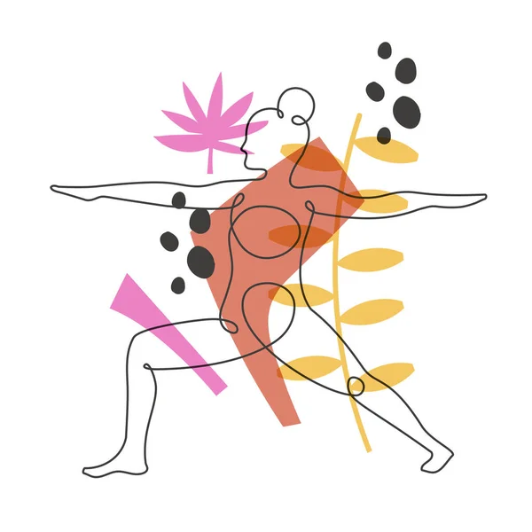 Gymnast verbetert flexibiliteit continue one line vector illustratie op abstracte achtergrond — Stockvector