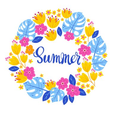 Yaprak, çiçek ve harf içeren vektör çizimi. Siyah arka planda çiçek çemberi sınırı. Tropikal tarzda tebrik kartı.