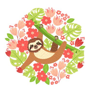 Daldaki tembellik. Yaprak çerçeveli vektör çizimi, beyaz arkaplanda çiçekler. Tropikal tarzda tebrik kartı.