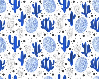 Beyaz zemin üzerinde kaktüs olan kusursuz bir şekil. Yaz bitkileri, çiçekler ve yapraklar. Doğal parlak çiçekli tasarım. Botanik illüstrasyon.