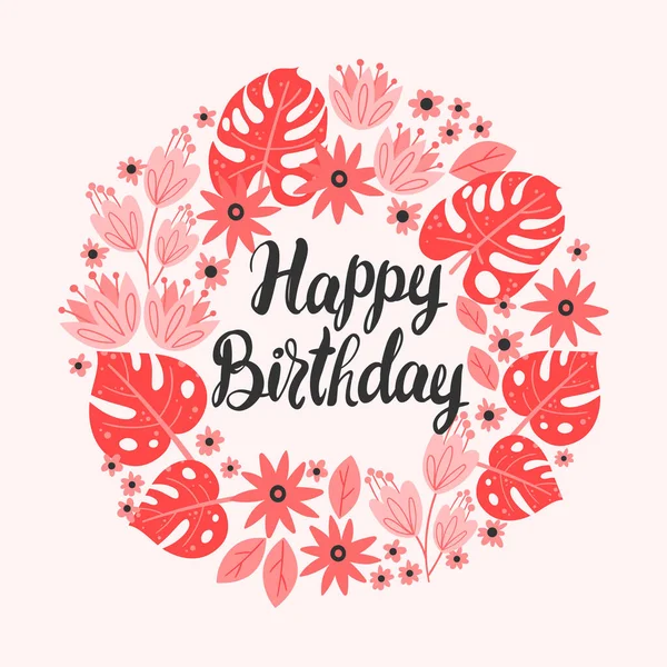 Yaprak, çiçek ve harf çerçeveli vektör çizimi. Mutlu yıllar. Beyaz arka planda çiçek çemberi sınırı. Tropikal tarzda tebrik kartı.