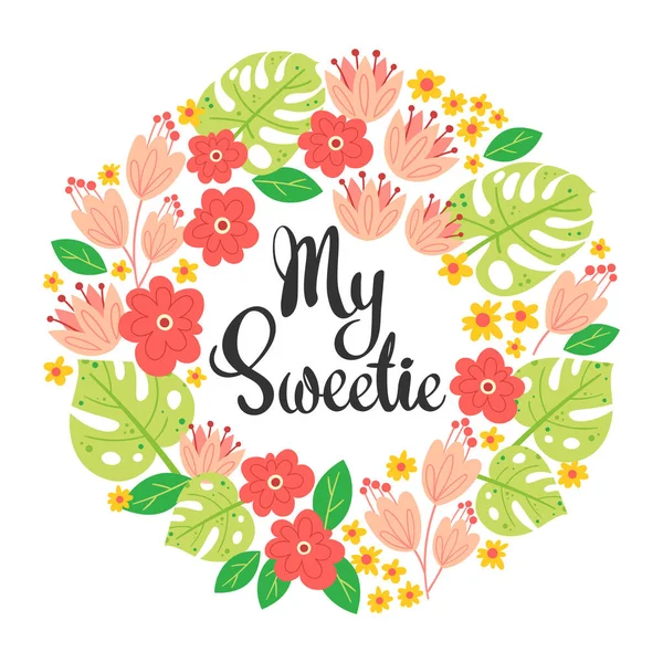 Ilustração vetorial com moldura de folhas, flores e letras My Sweetie. Borda círculo floral no fundo preto. Cartão de saudação em estilo tropical. —  Vetores de Stock