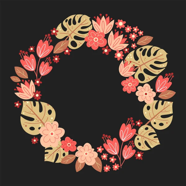 Carte d'été florale tracée à la main. Bordure ronde décorative avec des feuilles et des fleurs tropicales vectorielles. Illustration avec copyspace dans un cadre circulaire sur fond noir. — Image vectorielle