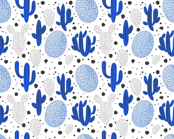 Vektornahtloses Muster mit Kaktus auf weißem Hintergrund. Sommerpflanzen, Blumen und Blätter. Natürliches florales helles Design. Botanische Illustration. — Stockvektor