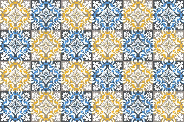 Padrão sem costura com azulejos portugueses. Ilustração vetorial de Azulejo sobre fundo branco. Estilo mediterrânico. Design multicolorido . —  Vetores de Stock