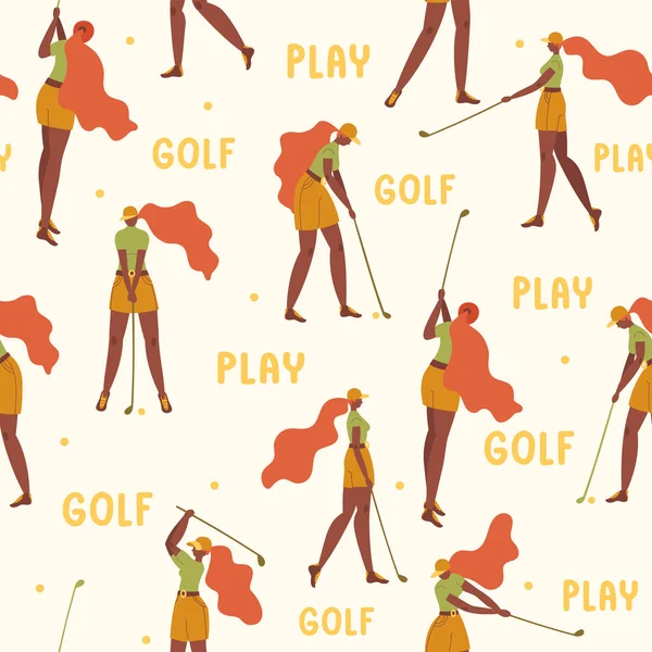 Naadloos patroon met Afrikaans Amerikaans jong meisje slaan bal met golfclub. Vector vlakke hand getekend illustratie. Vrouwelijke golfer speelt golf achtergrond, achtergrond. Vrouw in de sport. Tekenfilmfiguren. — Stockvector